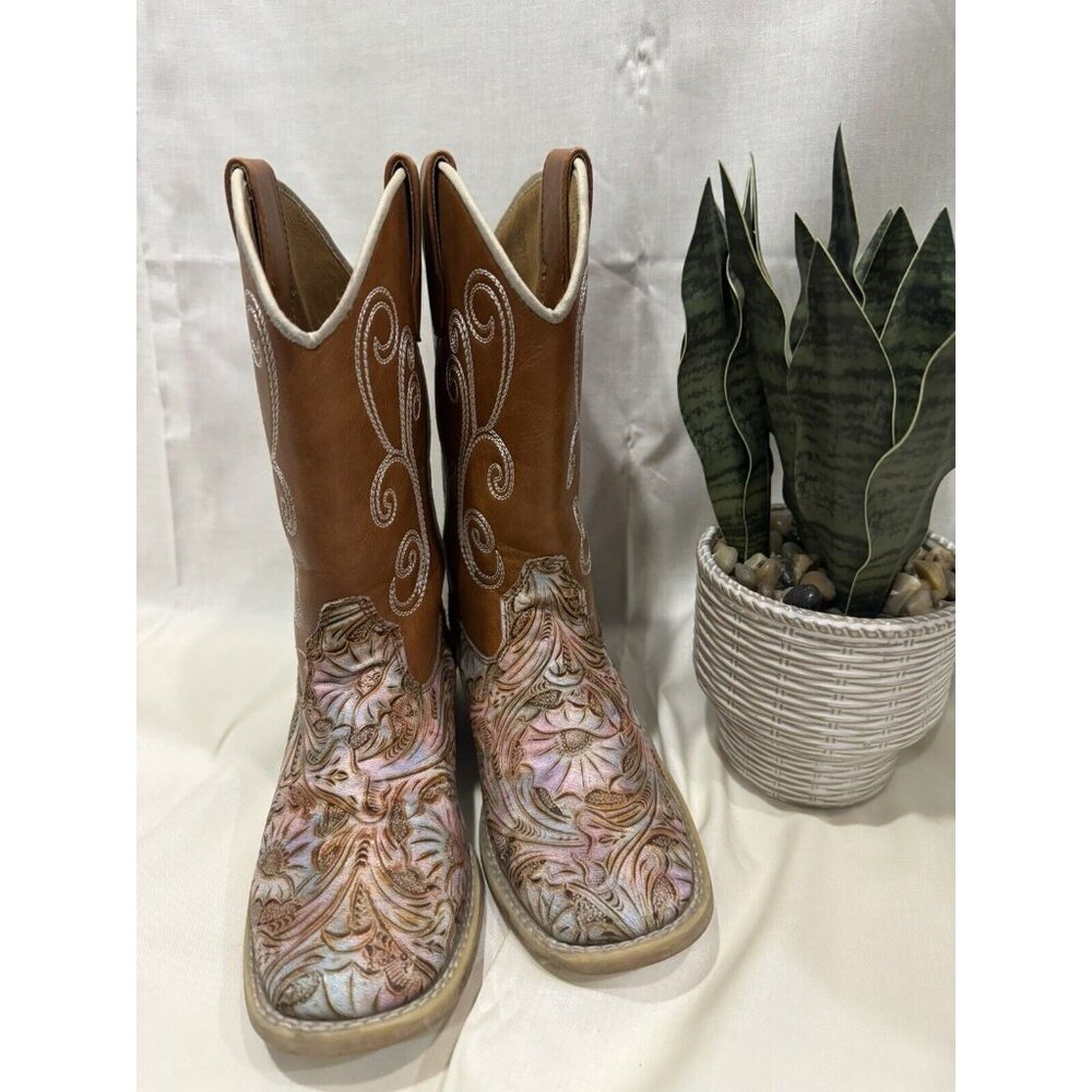 TWISTER "Elizabeth" Leather Boots Girl Size 1 Brown Swirl design floral embossed
